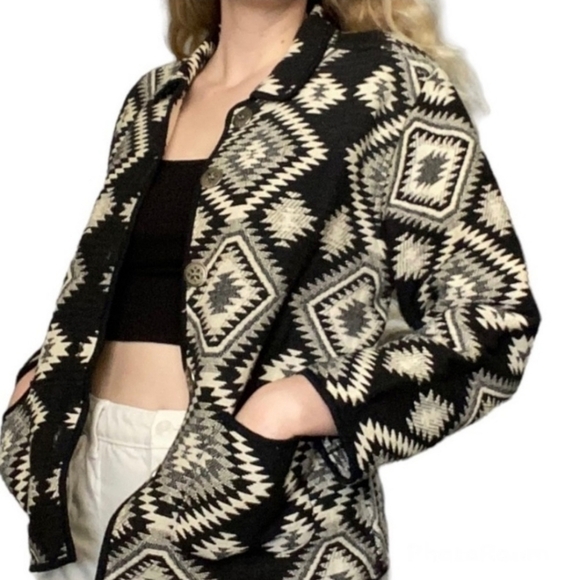 Jane Ashley 2X Southwestern Aztec Knit Jacket Black Cream Boho Button Front - Picture 1 of 9